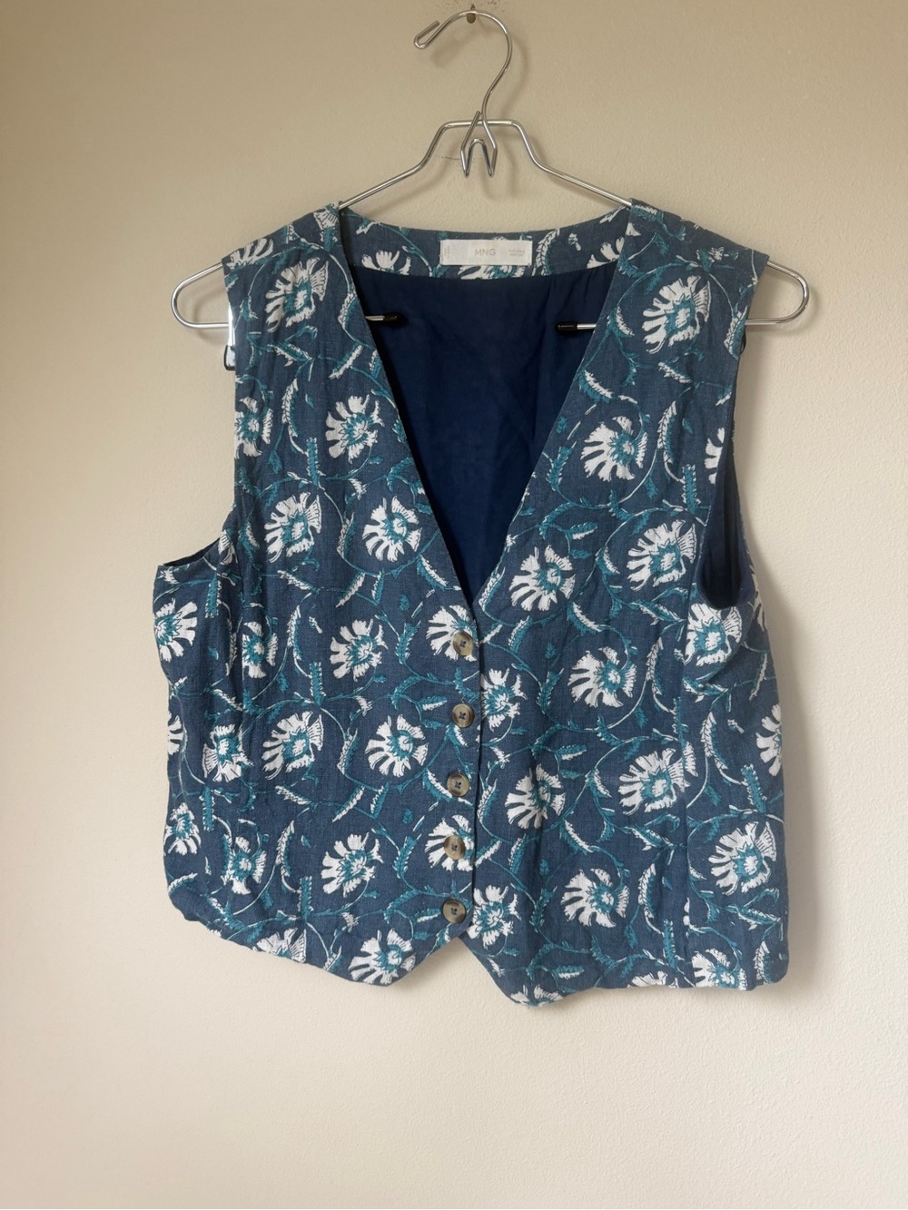 Mango blue Teal and White Floral Button-Up Women's Vest